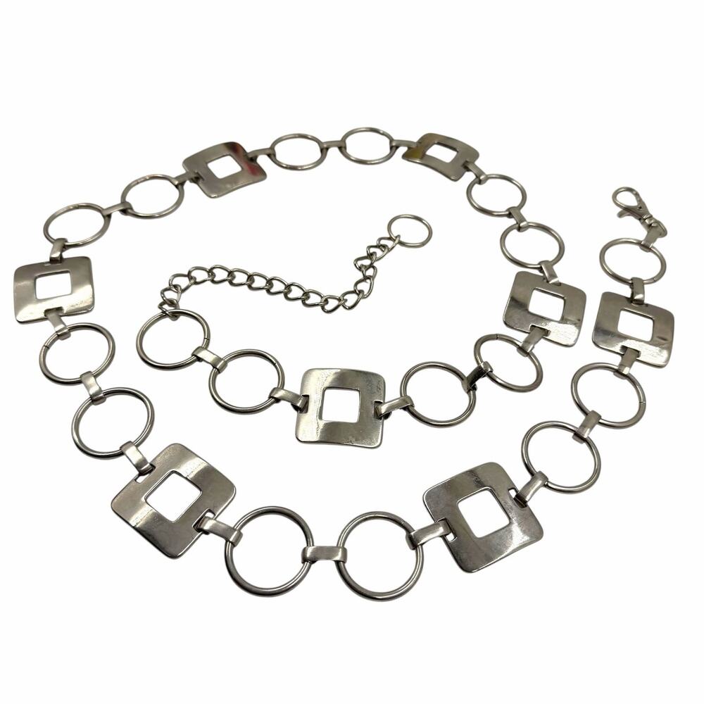 VTG 90s Y2K Silver Metal Chain Belt Geometric Square Circle Adjustable One Size